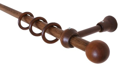 iso-design 20 mm Holz Gardinenstange Farbe Nußbaum Wandmontage und Deckenmontage möglich Gardinenstange mit Gardinenringen, Endstück Kugel, 120 cm