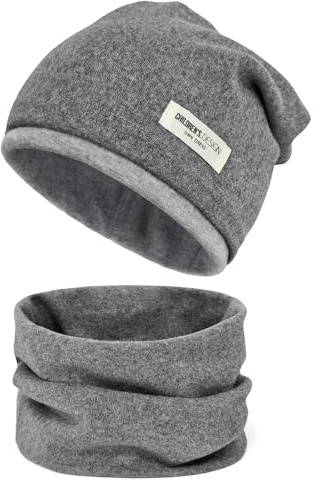 beifon Kinder Beanie Mütze & Loop Schal Set, 95% Baumwolle Mütze Schal Set Mädchen Jungen 2-8 Jahren, Schlauchschal Warme Wintermütze Strickmützen für Herbst Winter Frühling