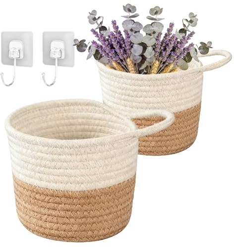 Hängekorb,2 Stück Wandkörbe Baumwollseilflechten mit Haken,15 x 15 cm Aufbewahrungskörbe Hängekörbe Korb zum Aufhängen Körbchen für Küche, Bad, Schlafzimmer, Wohnzimmer (Weiß+Braun)