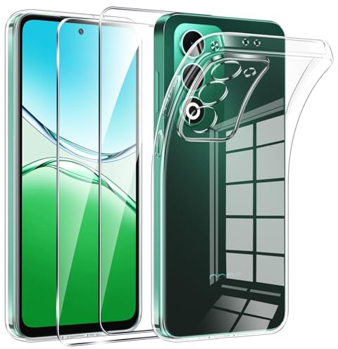 Phoona Funda para OPPO A5 4G/5G Carcasa con 2 Piezas Cristal Templado,Transparente Silicona TPU Protección Funda para OPPO A5 4G/5G Anti-Choques y Anti-Arañazos Caso