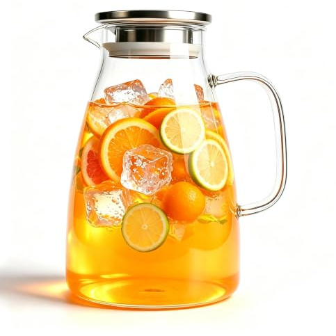 2 Liter 68oz Glass Jug Pitcher with Stainless Steel Lid | Glass Water Jug for Fridge, High Boron Glass, Easy to Clean Juice Pot, for Kitchen, Parties, Cafes, Milk