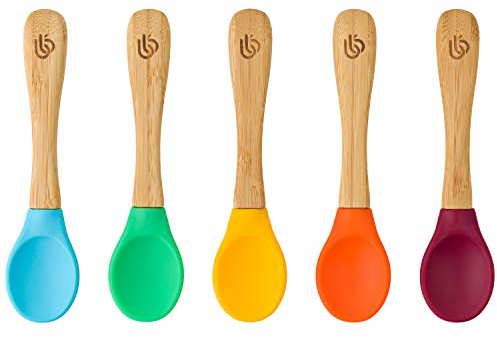 bamboo bamboo ® Cucharas De Destete Para Bebé, Set De 5 | Bambú Con Puntas De Silicona Suave | Mangos Ergonómicos De Fácil Agarre | Libre De BPA (Set De 5)