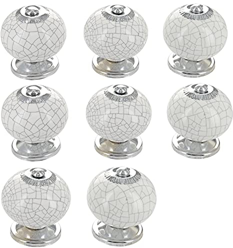 G Decor Weiße Türknäufe aus Keramik, rund mit Krakelee-Optik, Vintage, Shabby Chic Griffe für Schränke oder Schubladen (8er-Pack)