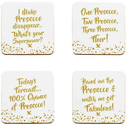 The Leonardo Collection LP40084 Prosecco Coaster Set with Message, Cork, White