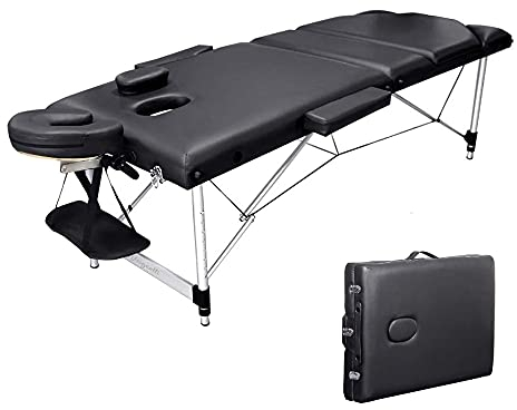 Vesgantti Portable Massage Bed Table - 3-Section Aluminum Foldable Beauty Couch for Reiki Therapy Treatment Salon Healing - Metal Headrest Support/with Carry Bag (Black)