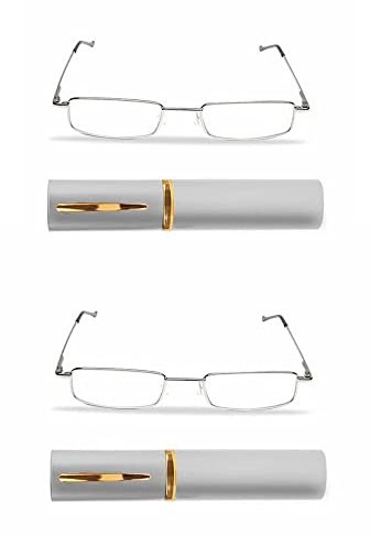 KAIBSEN® 2 Pack Portable Pocket Slim Reading Brille - Lightweight Unisex Edelstahl Rahmen Harz Lesebrille/Slim Pen Clip Tube Case