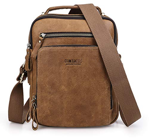Contacts Sac à bandoulière en cuir véritable pour Homme laptop Retro Petit de Vachette Sac de Messager Porte-Documents,Brun