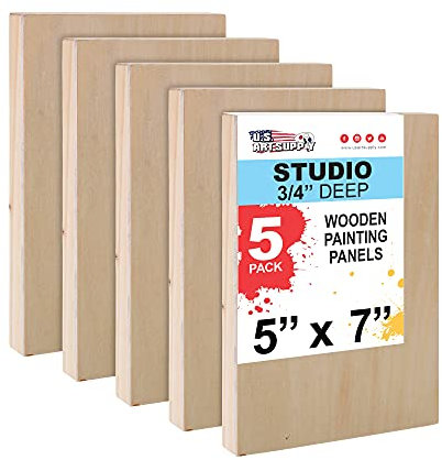 U.S. Art Supply 5 x 7 Birch Wood Paint Pouring Panel Boards, Studio 3/4 Deep Cradle (Pack of 5) - Artist Wooden Wall Canvases - Painting Mixed-Media Craft, Acrylic, Oil, Watercolor, Encaustic