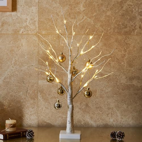 Eambrite Small White Christmas Tree Lights with 8 Ornamental Baubles Battery Operated Twig Tree Birch Tabletop Christmas Decorations for Xmas Home Party Wedding（60cm / 2ft, Warm White ）