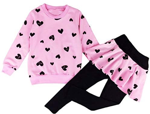 DHASIUE Girls Toddler Cute Outfits Clothing Set Hearts Print Long Sleeve Sweatshirt T-Shirt Tops & Pantskirt Skirt Leggings Trousers Age 5-6 Years