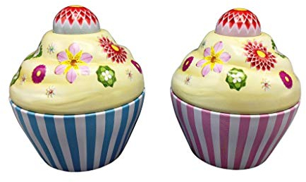 stylebox 2er Set Blechdose in Form eines Cup Cakes, blau weiß rosa und süß verzierter Deckel mit Blumen, Maße: 8x8 cm, Volumen: 120 ml