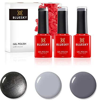 Bluesky Gel Nail Polish Set, Shades Of Grey, Mr Grey Dc085, Quiet Grey Dc075, Shiny Asphalt A022, 3 x 5 ml, Grey, Silver, Pastel, Nude (Requires Curing Under UV or LED Lamp)