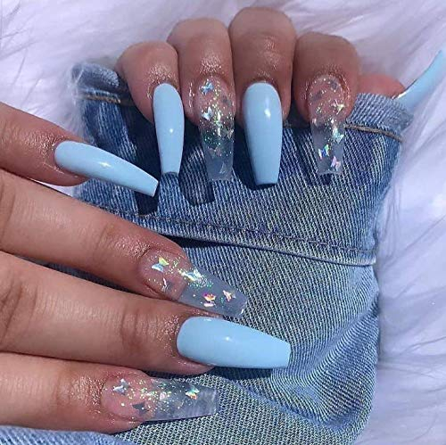 Brishow Cercueil Faux Ongles Long Faux Ongles Papillon Ballerine Acrylique Presse sur Ongles Bâton sur les Ongles 24pcs pour Femmes et Filles (Bleu)