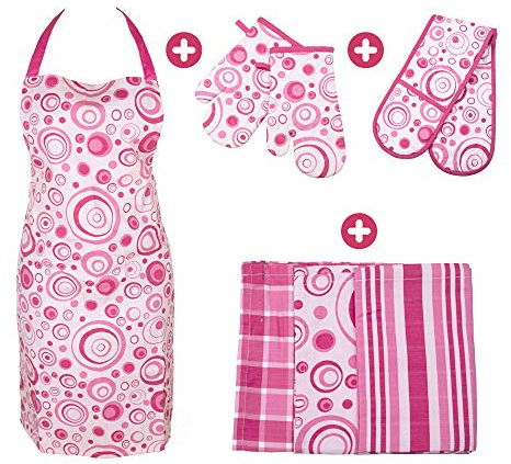 BestU Juego de cocina 4 en 1 con delantal de cocina, guantes de horno, guantes de cocina, paños de cocina, algodón premium, juego para cocina, cocina, hornear, regalo para mujeres (juego 1)