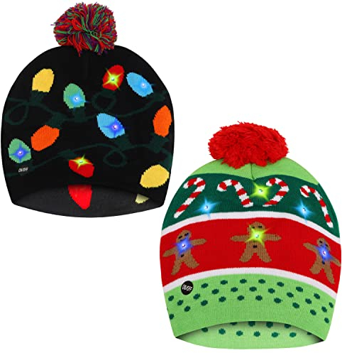 BELLE VOUS Weihnachtsmütze mit LED Licht (2 STK) - Unisex Bommel Mütze mit Licht - Dehnbare Weihnachtsmützen mit 6 LED-Lichtern - Lebkuchenmann & Lichter Lustige Hüte für Weihnachts Dekoration