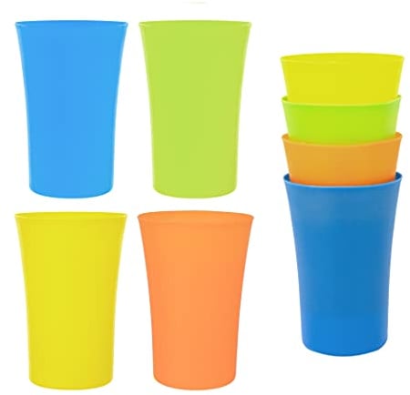 DURA 4 Pack Childrens Kids Plastic Drinking Cups Tumblers 450ml Bright Multi Coloured Stackable Drinking Glasses Beakers Tall Set Reusable For Kitchen Outdoor Picnics Parties BBQ Travel Camping