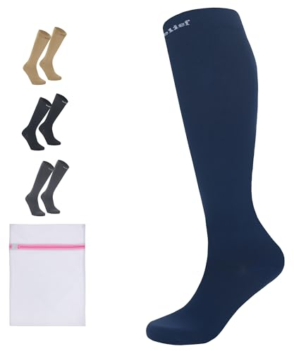 360 Relief Kompressionsstrümpfe Damen und Herren - 1 Paar Kompressionssocken Einfarbig für Sport, Laufen, Flug, Reise, Joggen, Radsport, Kniestrümpfe, L/XL Blau mit Wäschenetz