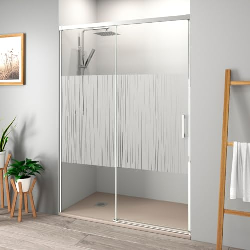 Becrisa Mampara de Ducha Frontal Corredera 1 puerta Corredera + 1 fijo, Transparente, Vidrio Templado 6mm Antical, 195cm de Altura, Perfilería Cromo Brillo, 115cm (Adaptable 109-114cm), Serigrafía