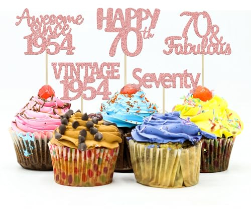 Gyufise 30Pcs Rose Gold Vintage 1955 Cupcake Toppers 70th Birthday Cupcake Toppers Awesome Since 1955 Hello 70 Cake Topper Seventy 70 & fabulous Cupcake Picks 70th Birthday Cake Decorations Supplies