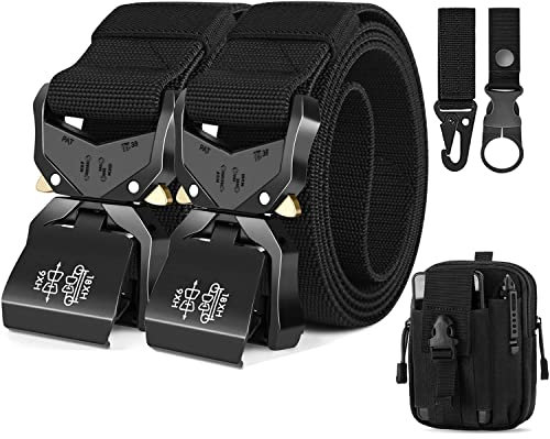 Leskyair 2PCS Men Tactical Belt, Military Work Belt Rigger 1.5 Nylon with Heavy Duty Quick Release Metal Buckle, Gift with Molle Pouch, Hook and Bottle Clip