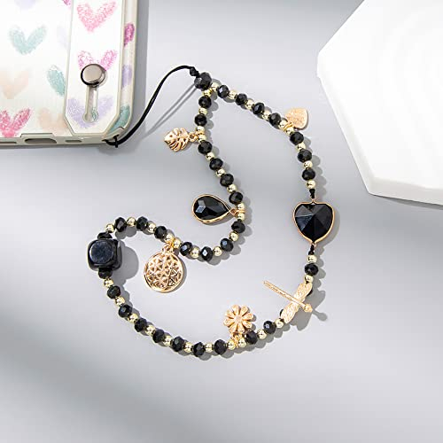 Herbests Perlen Handschlaufe für Telefon,Böhmen Bunte Anti-Verlorene Handykette Perlen Telefon Kette Strap Perlen Charme Telefon Anhänger Schlüsselband Handy-Schmuck für Frauen,Schwarz
