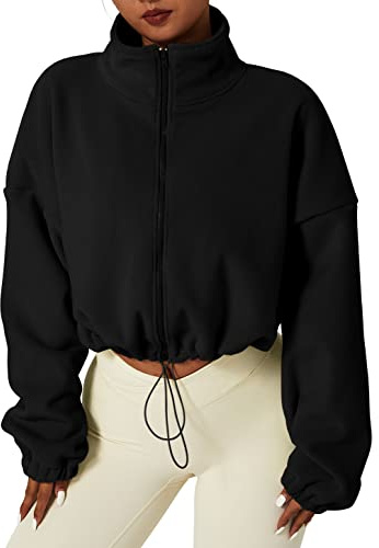 QINSEN Women's Full Zip Fleece Short Jacket Warm Winter Long Sleeve Stand Collar Sherpa Crop Coat Black M