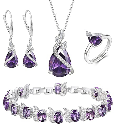 Clearine Hochzeit Schmuck-Set für die Braut, Teardrop Lila Zirkonia Halskette Leverback Ohrringe Tennis Armband und einstellbare Ring Set Geschenk für Muttertag / Jubiläum / Geburtstag
