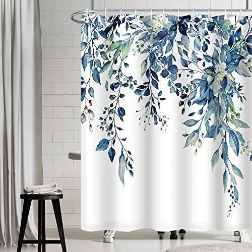 Uiiooazy Rideau Douche Anti Moisissure, Rideau de Douche 240x180cm Bleu Feuilles d'eucalyptus Vert Aquarelle Rideaux de Baignoire Tissu Lavable Imperméable Rideaux Salle de Bain avec 12 Crochets