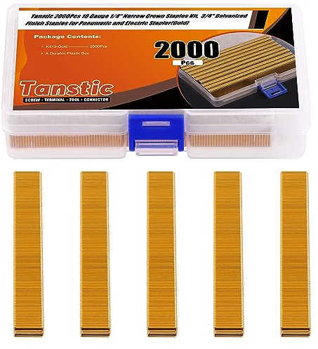 Tanstic Juego de 2000 grapas de corona estrecha de calibre 18 de 1/4 de pulgada, grapas galvanizadas de 3/4 pulgadas para grapadora eléctrica neumática (dorada)