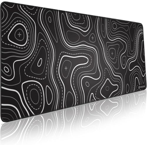Glittery Garden Tapis de Souris Minimaliste avec Motif Carte Topographique - Étendu Grand Tapis de Bureau de Jeu XL Antidérapant à Bord Cousu avec Contour Noir et Blanc