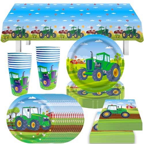 Bikasn 69 Stück Traktor Partygeschirr Kindergeburtstag, 16 Gäste Traktor Partei Dekorationen Traktor Themed Geburtstags Party mit Teller Tassen Servietten Tischdecke für Jungen Mädchen