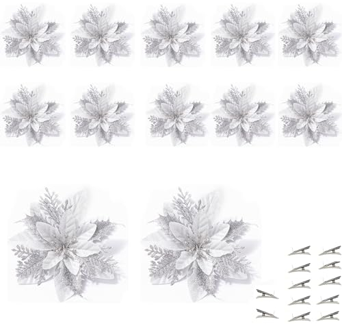 Glitter Poinsettia,Glitter Christbaumschmuck,12 Stück Weihnachtsblumen, Weihnachtsblumen Künstlich,Weihnachtsbaum Weihnachtskranz,Weihnachten Blumen Deko,Aufhängen Weihnachtsbaum(Gold Rot) (Silber)
