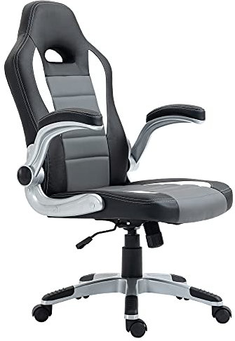 HOMCOM Silla de Oficina Silla de Escritorio Ajustable Silla de Despacho con Reposabrazos Abatibles 5 Ruedas y Función Basculante Carga 120 kg 65x69x112-122 cm Gris