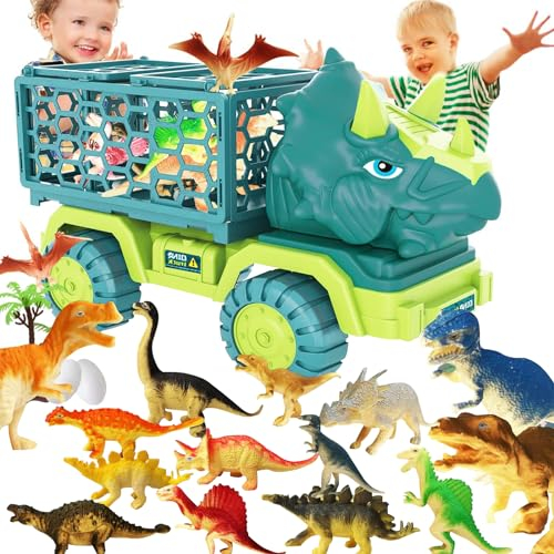Dinosaurier-LKW-Spielzeug für Kinder von 3–5 Jahren,Dinosaur Truck Spielzeugauto,Triceratops-Transportauto-Transporter mit 12 Dino-Figuren,Geburtstags Geschenke für Jungen Mädchen ab 3 4 5 Jahre