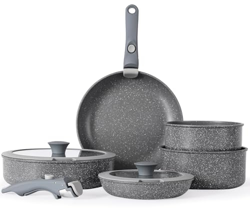 Florosa ensemble de casseroles poêles 9 pièces antiadhésive avec poignée amovible, ensemble de cuisinière en céramique avec couvercle, non toxique four sûr, idéal pour l'induction et le camping, Gris