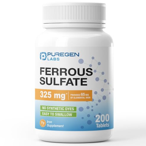 Puregen Labs Ferrous Sulfate 325 mg (65 mg Elemental Iron) High Potency Iron Supplement | No Artificial Color Additives - 200 Tablets