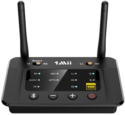 1Mii B03Pro Große Reichweite Bluetooth 5.3 Transmitter Sender Empfänger für TV, HiFi Drahtloser Audioadapter mit Audiophil DAC & AptX HD Low Latency für Kopfhörer Stereoanlage, Digital Optical, AUX
