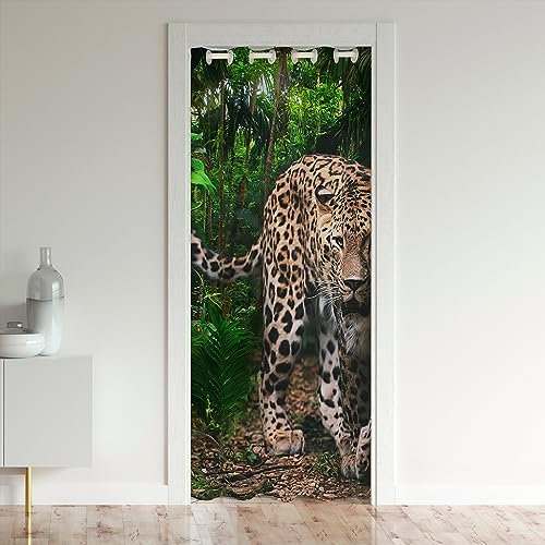 Homewish Rideau de Porte Léopard Floral 86x203 cm, D'Entrée Africain Safari, Occultant Guépard pour Enfants Garçons Jeunes, de Placard Jungle Sauvage Frais Naturel, Vert