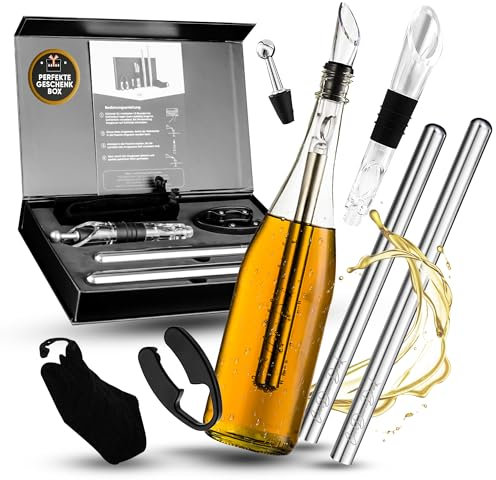 Weinkühlstab 6-teiliges Geschenk Set aus Edelstahl mit 2 Kühlstäben und mit Ausgiesser - Weinkühler Set für Weisswein & Rotwein mit Dekanter - von CoolDownDrink - Weinzubehör für Weinliebhaber