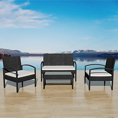 QJBSAVVA 4-TLG Garten-Lounge-Set, Polsterbank Eckbank Gartenstühle Stehtisch Geeignet für Speisesaal Innenhof Strand Outdoor mit Auflagen Poly Rattan Schwarz