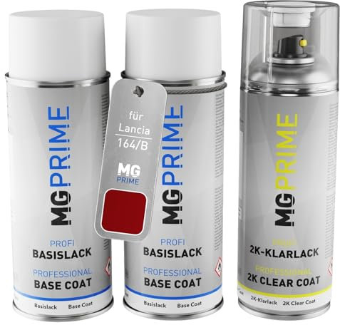 MG PRIME Autolack 2K Spraydosen Set für Lancia 164/B Rosso Fiamma Perl/Fiamma Rot Mica Grundlack Basislack 2 Komponenten Klarlack Sprühdose