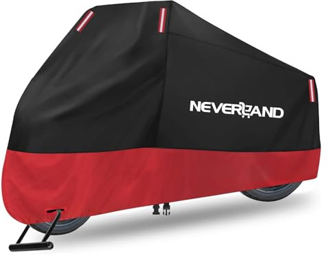 NEVERLAND Motorcycle Cover Waterproof Outdoor, 300D Motorcycle Cover Heavy Duty Outdoor All Season Protection, Universal Motorbike Cover with Night Reflective, Lock-Holes, Storage Bag (Up to 96)