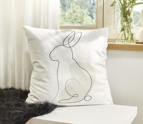 Dekoleidenschaft Kissenhülle Hase Modern 45x45 cm, weiß, kuschelweiche Samtoptik, Osterkissen-Bezug, Kissenbezug, Zierkissenbezug mit Hasenmotiv, Osterdeko, Hasenkissen