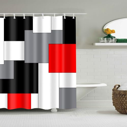 BOYOUTH Duschvorhänge mit geometrischem Muster, Digitaldruck, Polyester, wasserdichter Stoff, Badvorhang mit 8 Haken, 137 x 198 cm, Schwarz / Grau / Rot / Weiß