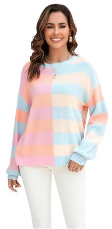 HEYPORK Damen Herbst Winter Warm Bequem Pullover Casual Mode Strickjacke Strickpullover Frauen Splicing Streifen Farbe Kollision Rundhals Strickpullover Pullover(Rosa, S)