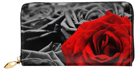 West Indian Manatees Damen Portemonnaie, modische und langlebige Ledergeldbörse mit 12 Kartenfächern und mehreren Fächern, Schwarze, weiße und rote Rosen, Einheitsgröße