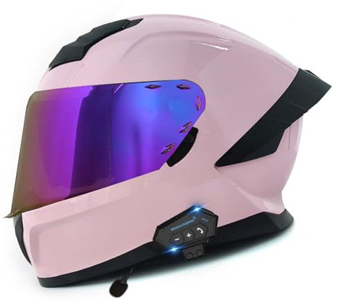 YPDOPORA Casque De Moto Modulaire Bluetooth avec Double Visière Casque De Moto Intégral Intégré Approuvé par Le Dot avec Bluetooth Étanche pour Hommes Et Femmes,Rose,L59~60CM