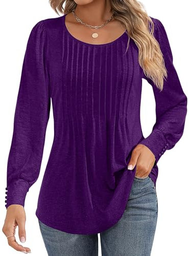 Cuptacc Langarmshirt Damen Elegant Rundhals Plissee Oberteile Damen Mit Knöpfen Puffärmel Casual Oberteil Dunkelviolett Mittel M 38-40