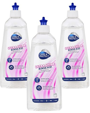 CARE+PROTECT Liquide de Rinçage Brillance Extra - Convient à Tous les Lave-Vaisselle - Puissant Contre les Taches - Accelére le Séchage - 3 Bouteilles de 500ml