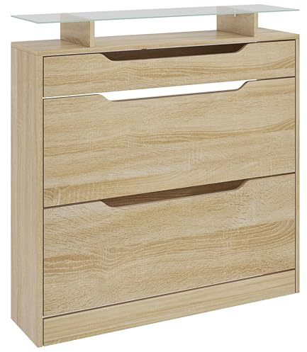 HOMCOM Mueble Zapatero con 2 cajones abatibles + 1 cajón extraíble + 1 mostrador y 1 Estante de Cristal Estante Regulable en 2 Niveles 89 x 23 x 96 cm Roble